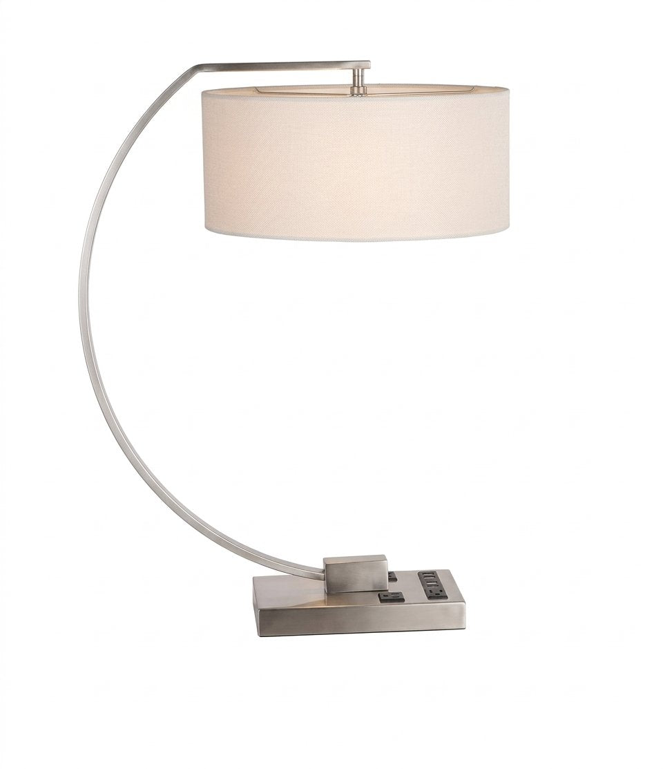 Modern Arc Table Lamp – Curved Metal Frame with Fabric Shade for Bedroom & Living Room
