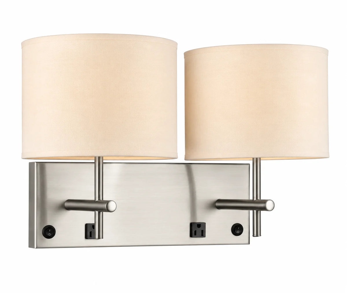 Brushed Nickel Double-Light Wall Sconce with White Drum Shades and Integrated Controls