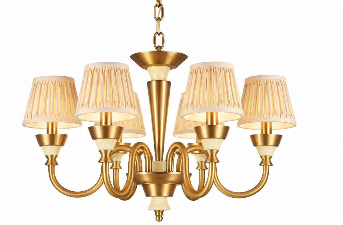 Antique Brass Five-Light Chandelier with Pleated Fabric Shades and Curved Arms