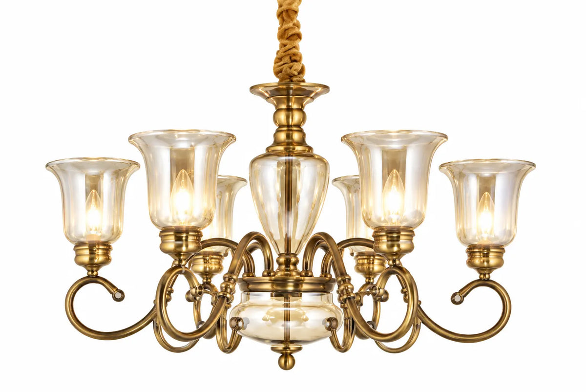 Antique Brass Five-Light Pendant Lamp with Clear Flared Glass Shades and Curved Arms
