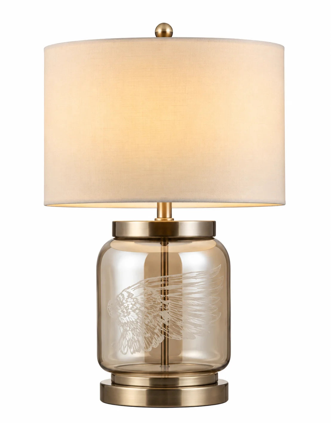 Modern Table Lamp with White Drum Shade and Decorative Glass-Style Base
