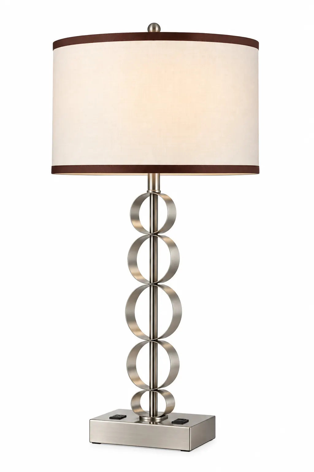 Modern Silver Ring Table Lamp with White Drum Shade and Stacked Circle Base