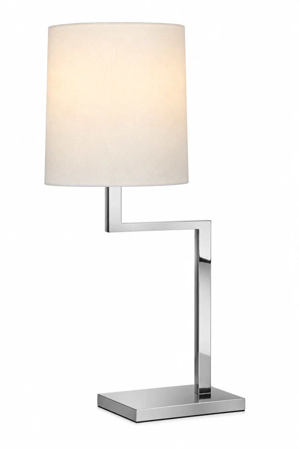 Modern Chrome Table Lamp with White Tapered Shade and Geometric Offset Arm
