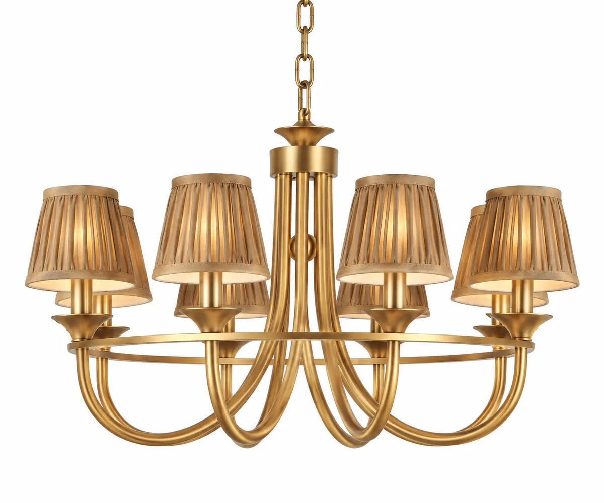 Antique Brass Five-Light Pendant Lamp with Pleated Brown Shades and Curved Arms