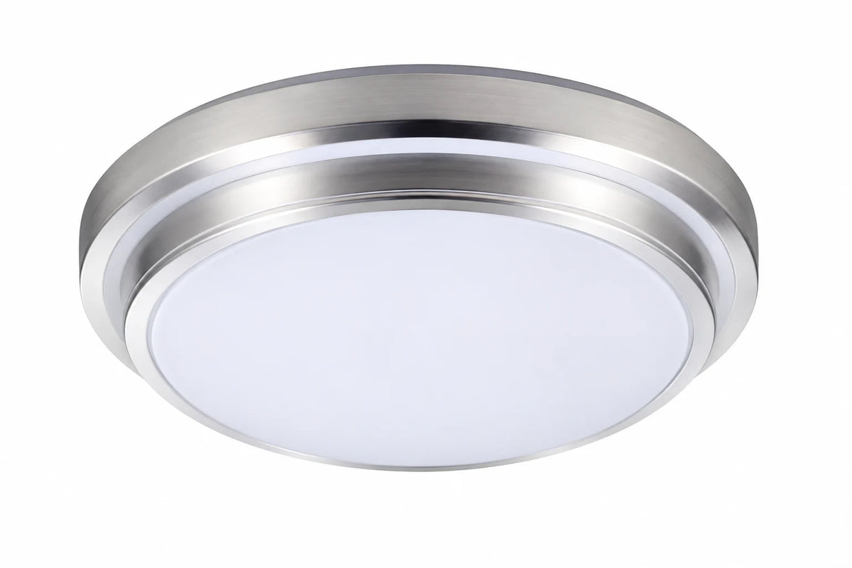 Brushed Nickel Round Flush Mount Ceiling Light with White Diffuser and Stepped Ring Trim