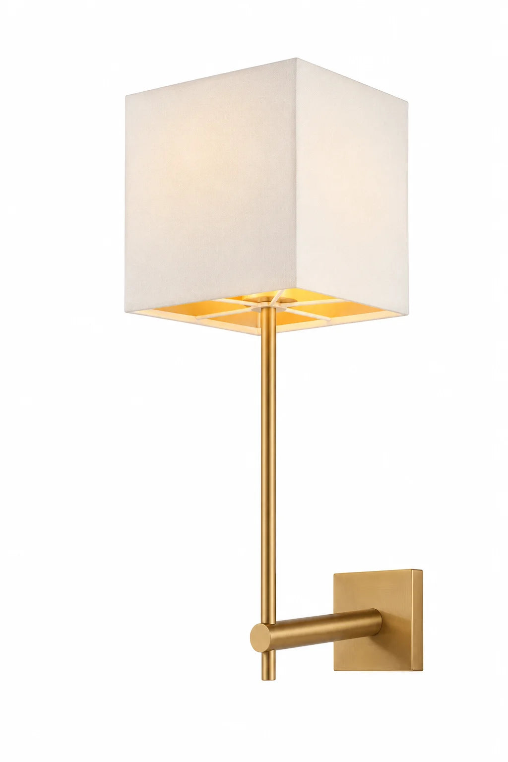 Gold Single-Light Wall Lamp with White Square Shade and Slim Vertical Arm