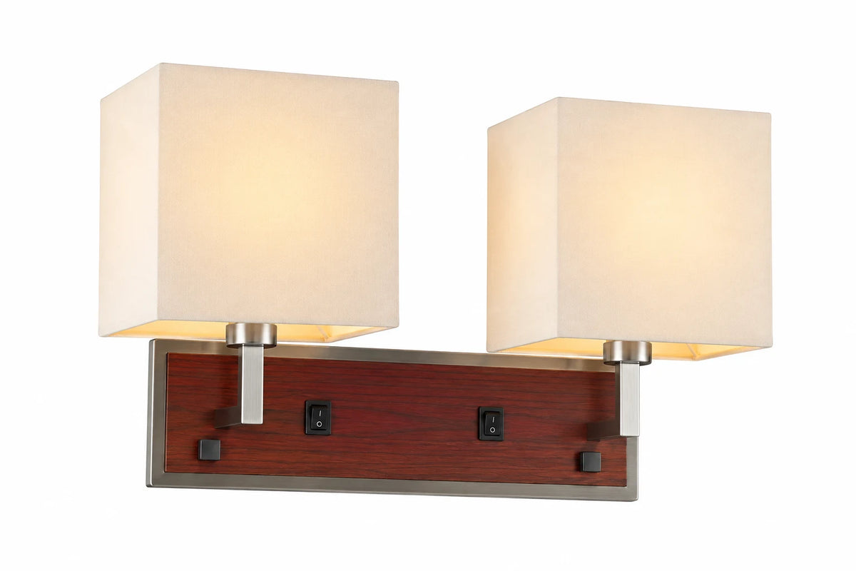 Double-Light Wall Lamp with Cream Rectangular Shades and Wood-Tone Backplate