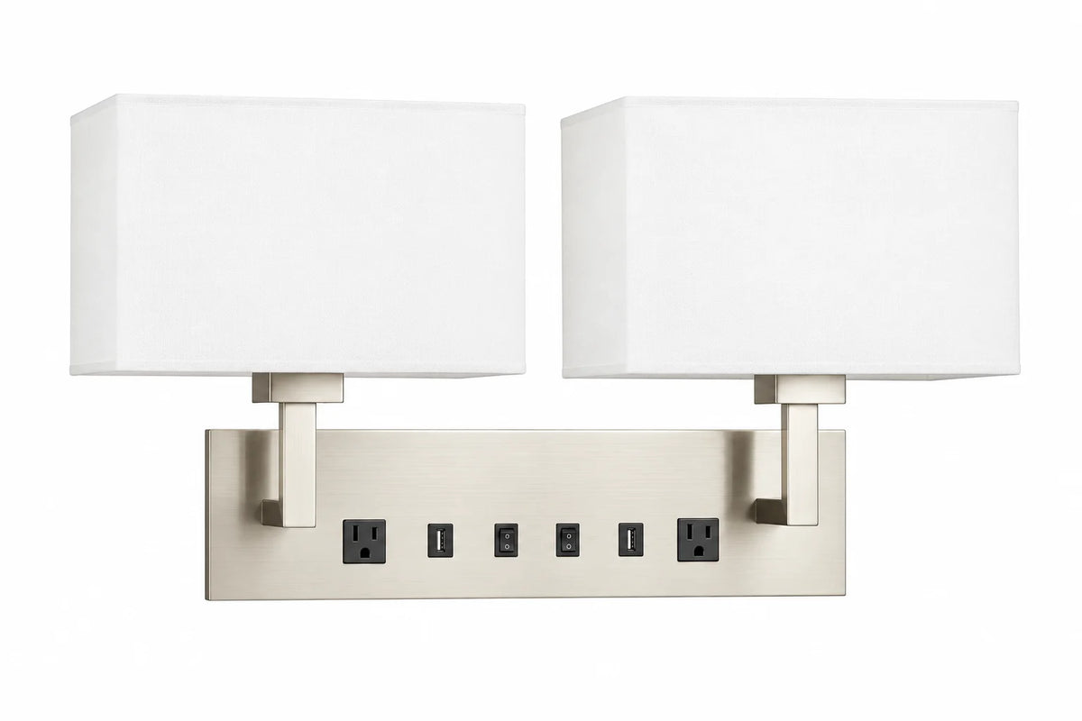 Brushed Nickel Double-Light Wall Lamp with White Rectangular Shades and Integrated Control Panel