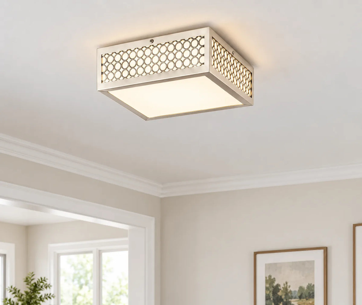 Modern Square Flush Mount Ceiling Lamp with White Diffuser and Decorative Lattice Frame