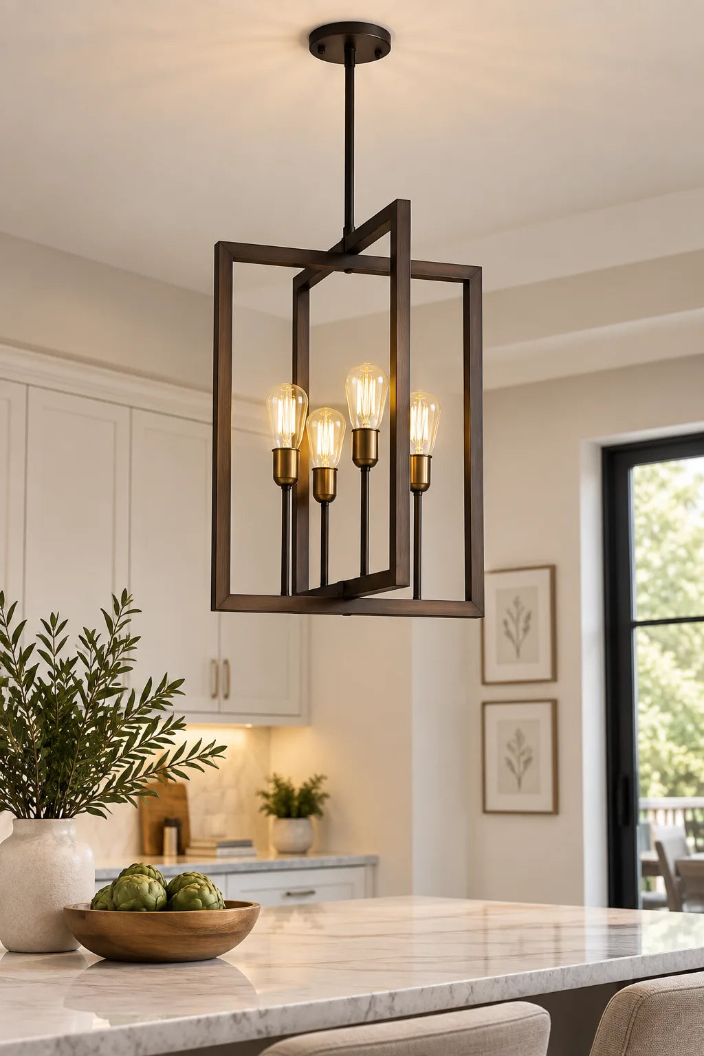 Dark Bronze Four-Light Geometric Pendant Lamp with Vertical Interlocking Frames