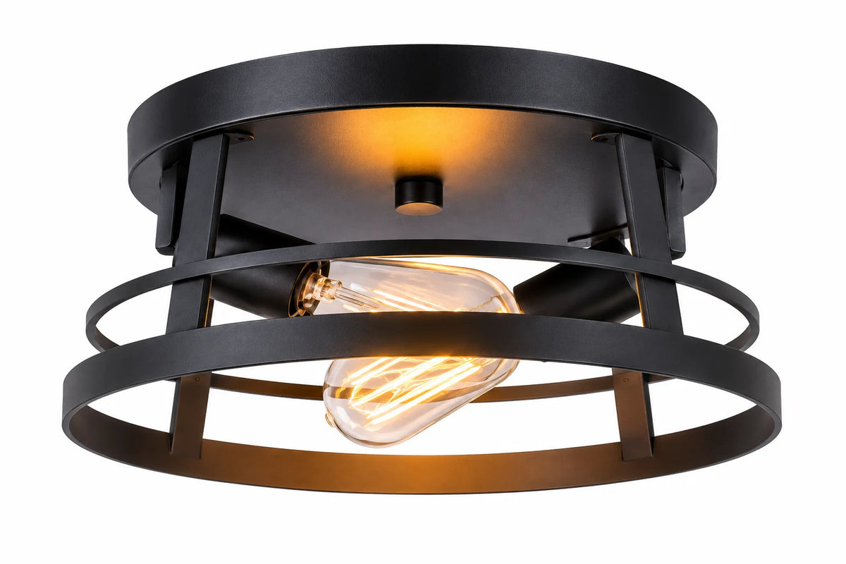 Modern Black Semi-Flush Ceiling Lamp with Open Cage Frame and Exposed Bulb