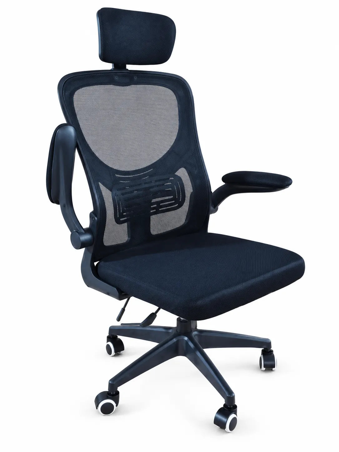 Black High-Back Mesh Office Chair with Headrest, Lumbar Support and Rolling Base