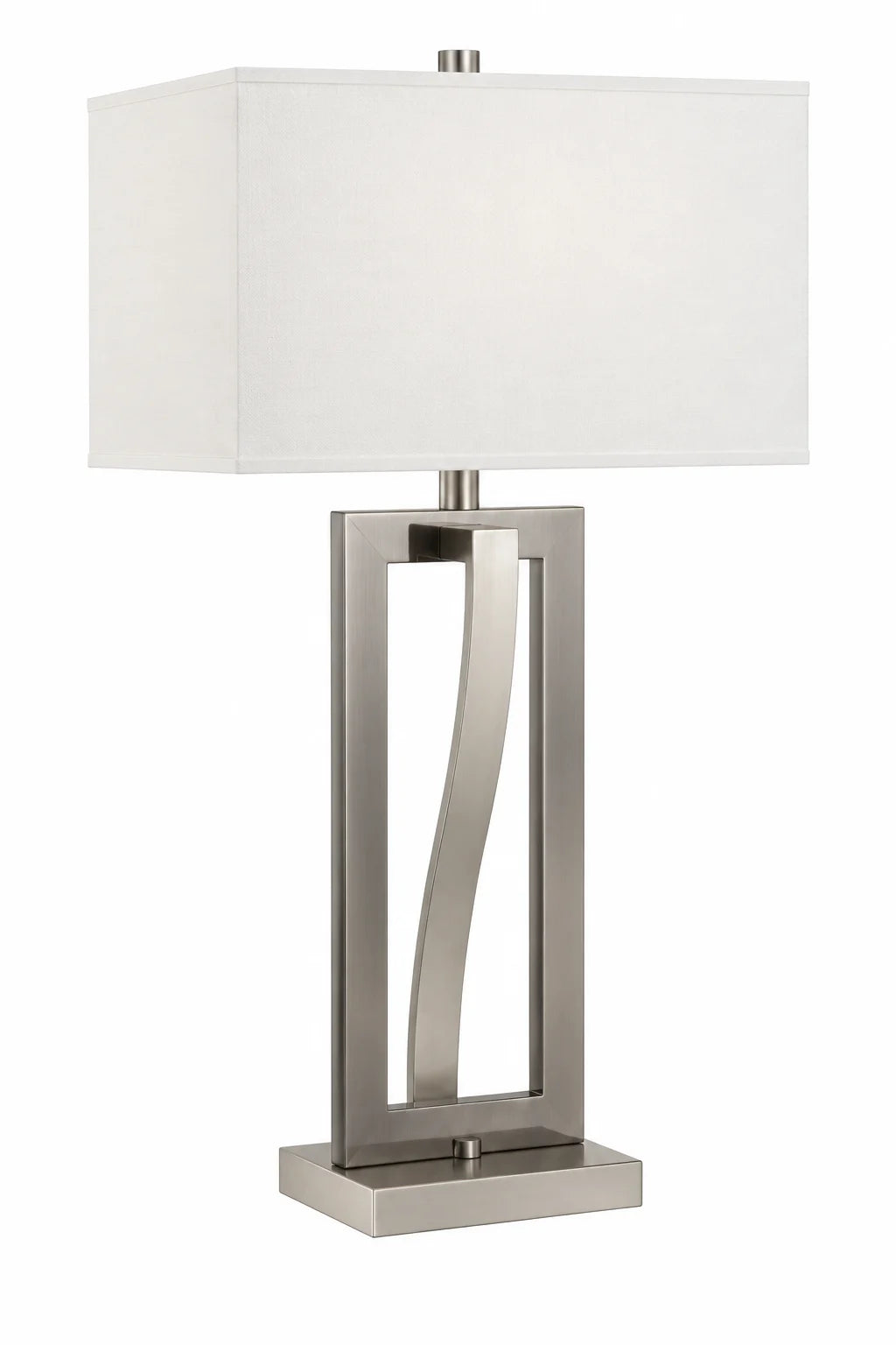 Modern Silver Geometric Table Lamp with White Rectangular Shade and Sculptural Open Frame