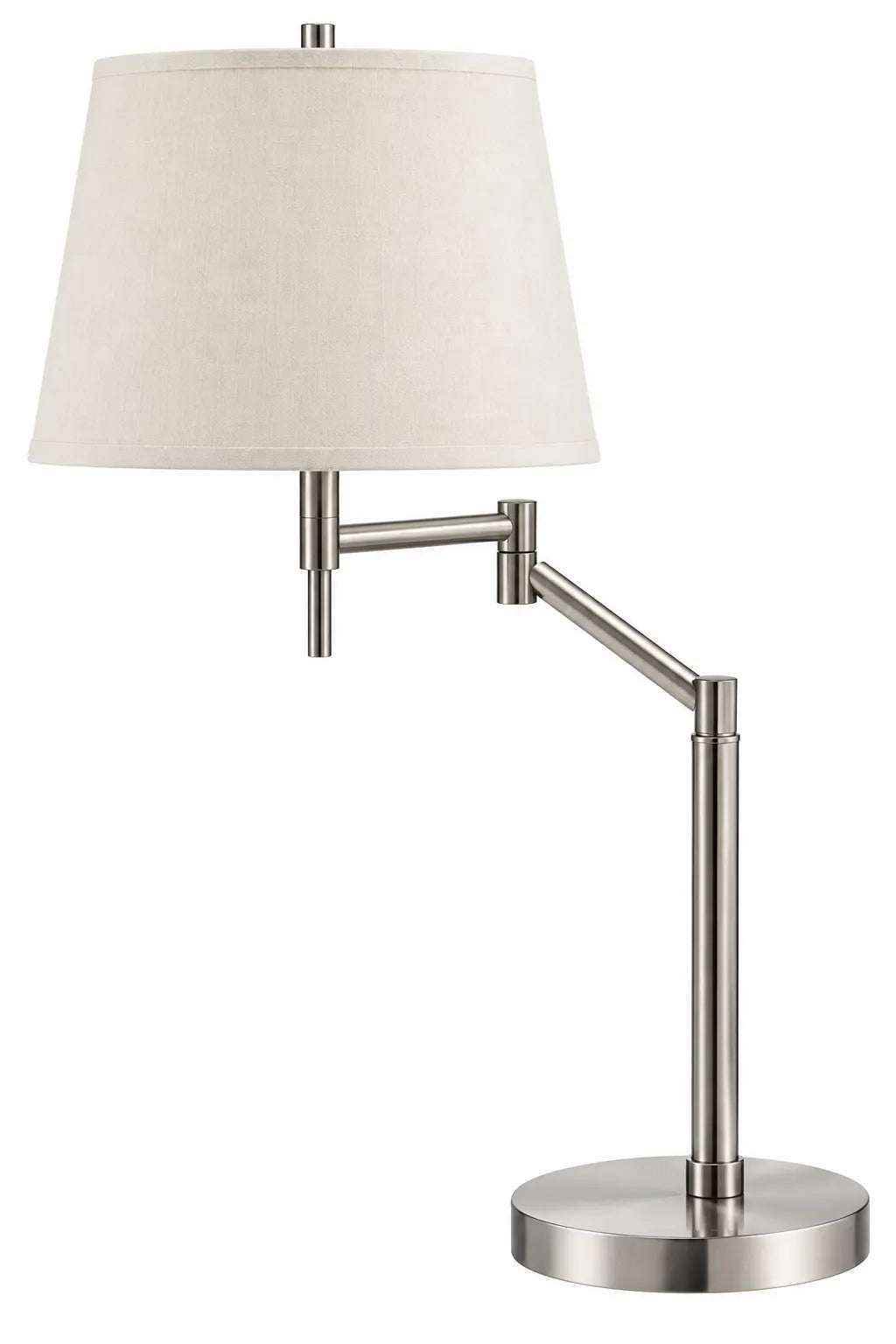 Brushed Nickel Adjustable Swing-Arm Table Lamp with White Tapered Shade and Round Base