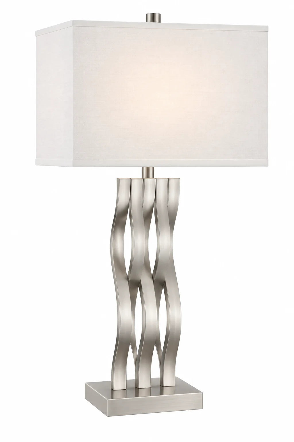 Modern Silver Sculptural Table Lamp with White Rectangular Shade and Wavy Metal Base
