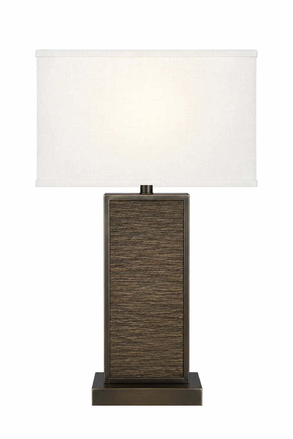 Modern Textured Brown Table Lamp with White Rectangular Shade and Tall Block Base