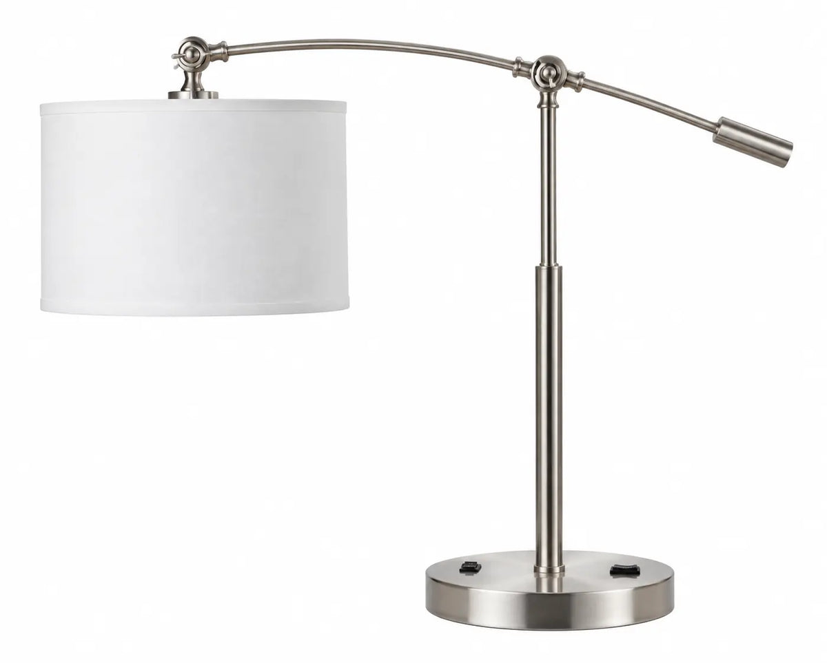 Modern Silver Adjustable Arc Table Lamp with White Drum Shade and Extended Swing Arm