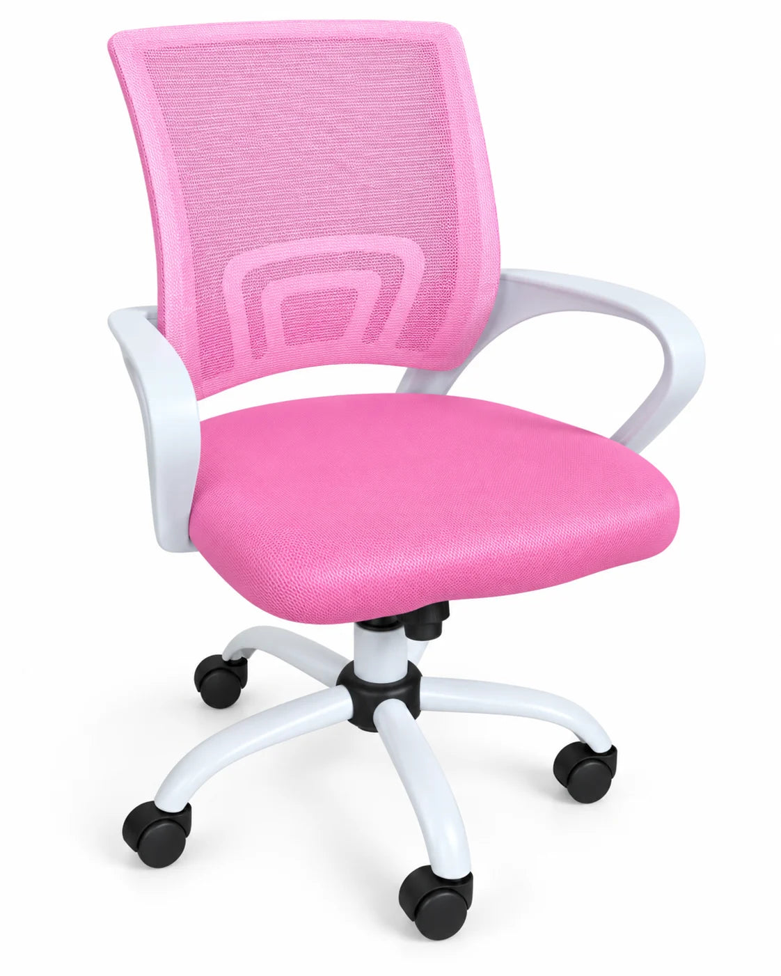 Pink Mesh Office Chair with White Frame, Padded Seat and White Metal Base
