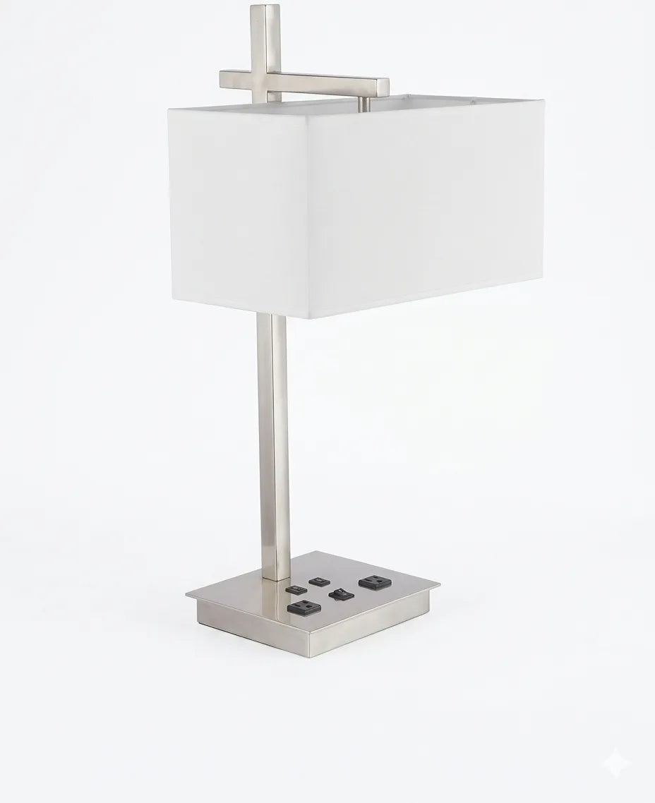 Modern Table Lamp with White Fabric Shade & Rectangular Metal Base – Contemporary Bedside & Desk Lamp