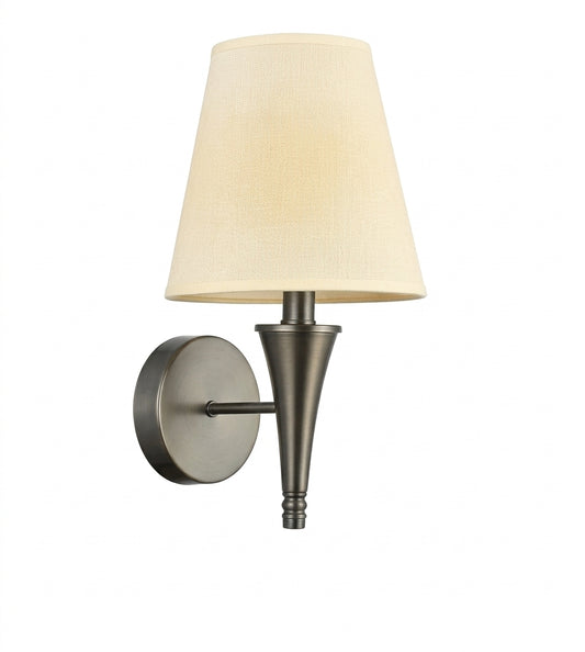 Single-Light Wall Lamp with Fabric Shade – Metallic Finish and Tapered Decorative Body