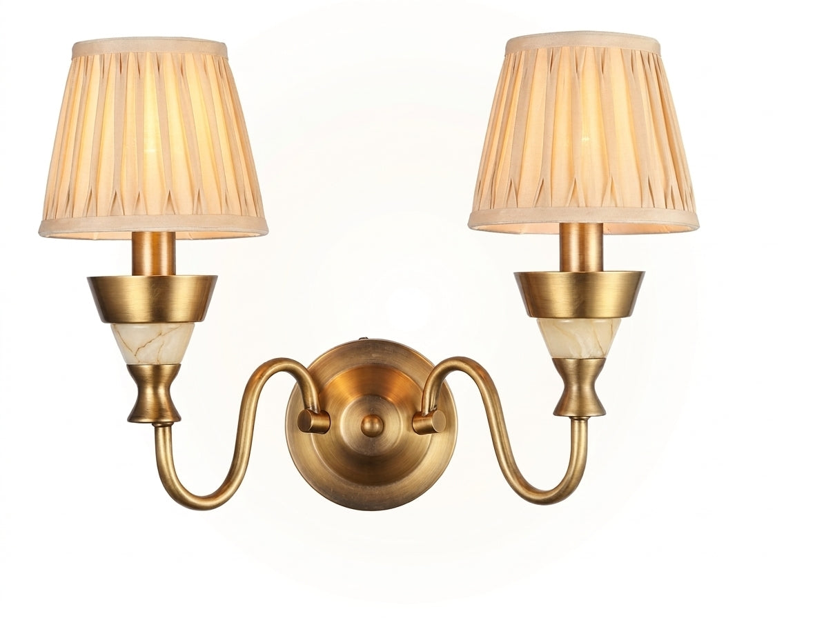 Double-Light Wall Lamp with Pleated Fabric Shades – Curved Arms and Gold-Tone Finish