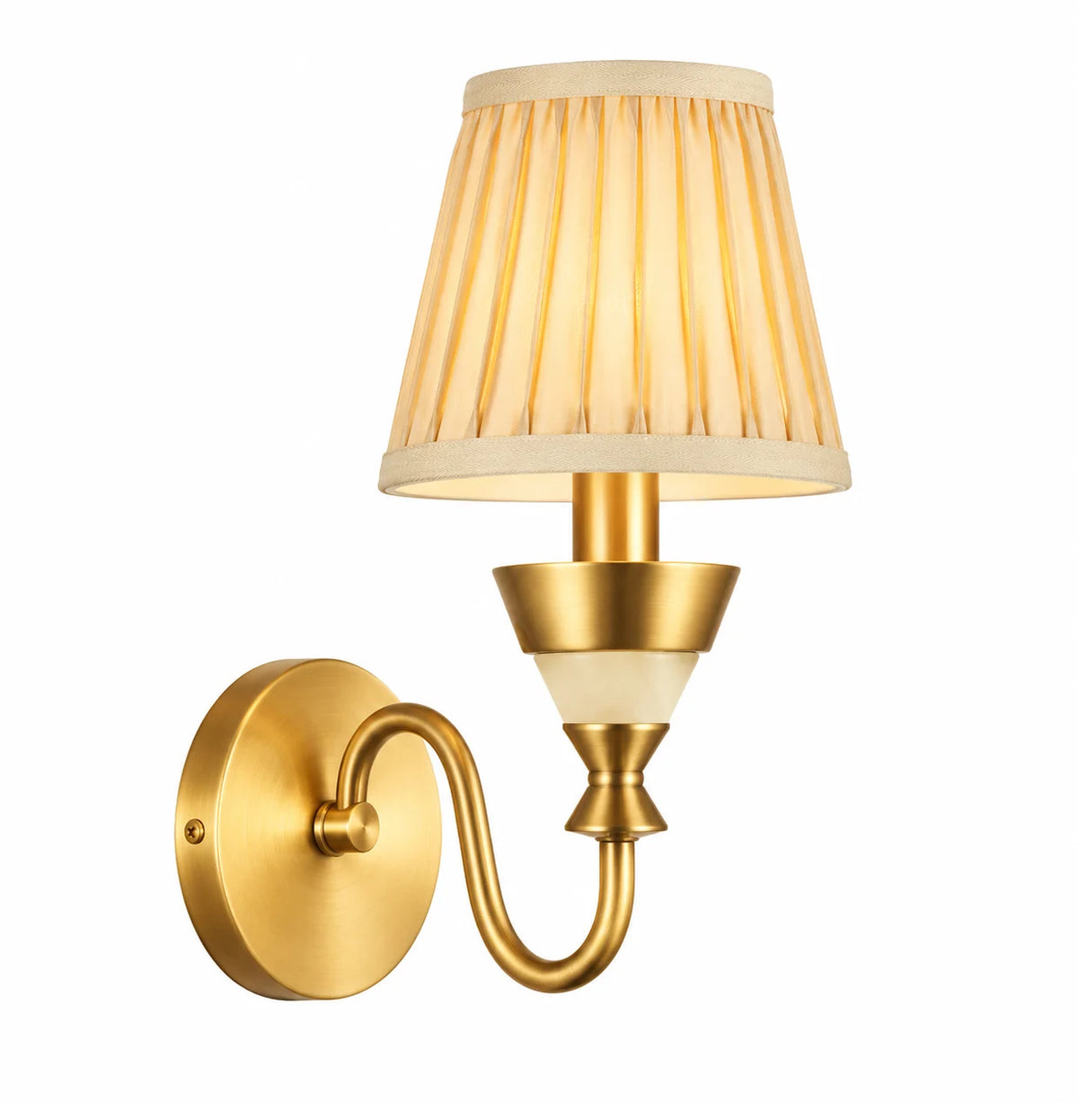 Gold Single-Light Wall Lamp with Pleated Shade and Curved Arm