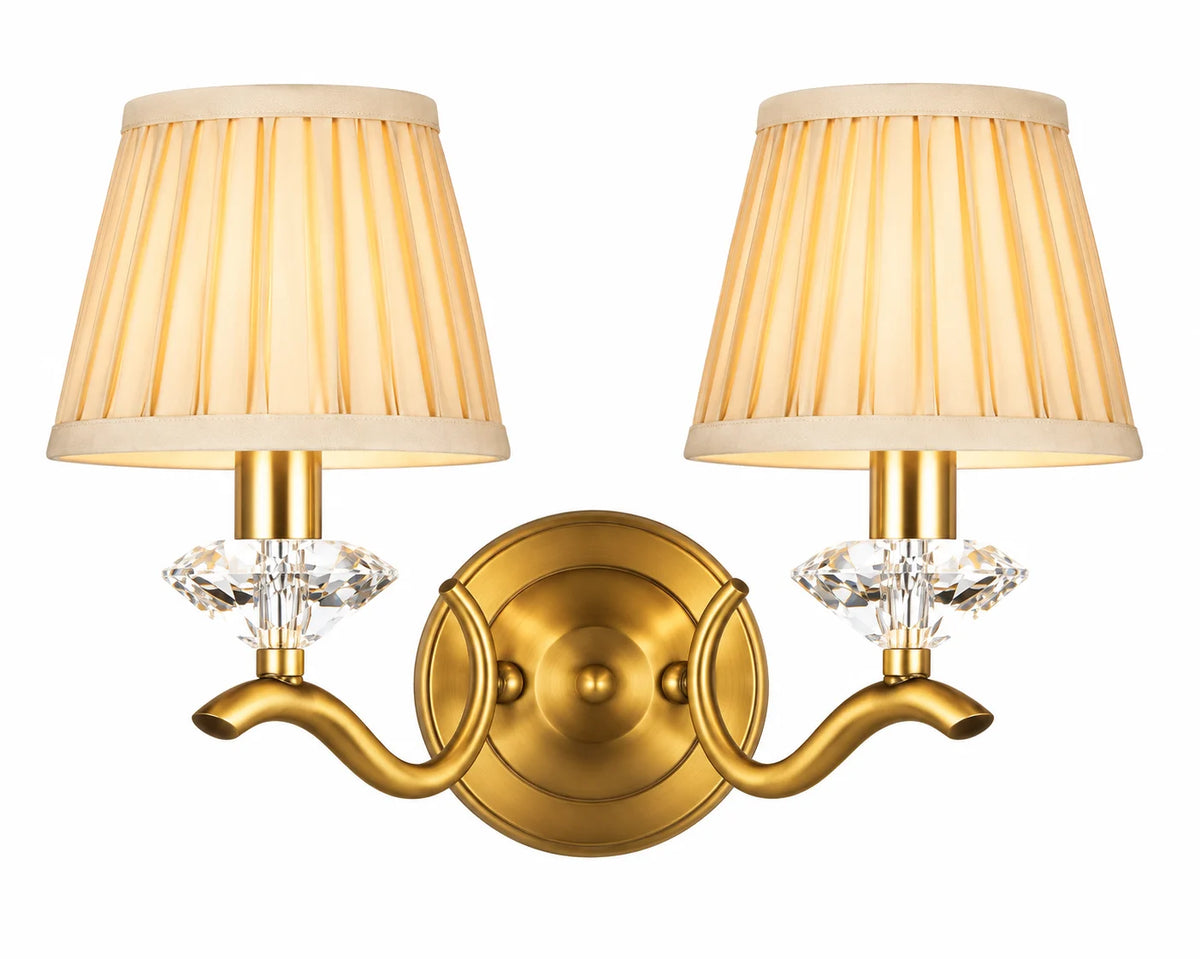 Gold 2-Light Wall Lamp with Fabric Shades and Decorative Crystal Accents