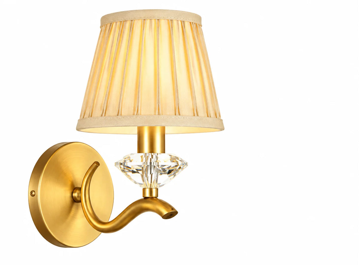 Gold Wall Lamp with Fabric Shade and Decorative Crystal Accent