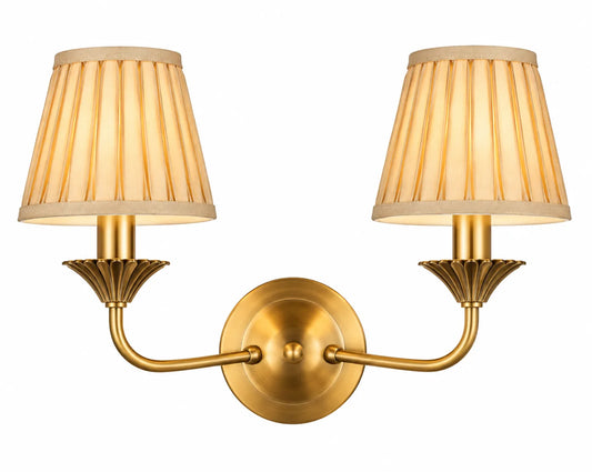 Gold 2-Light Wall Lamp with Pleated Shades and Curved Arms