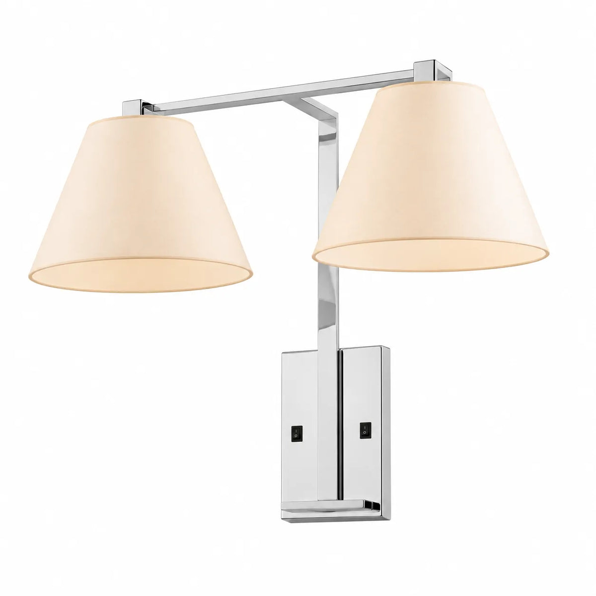Chrome Double-Light Wall Lamp with Off-White Tapered Shades and Straight Bar