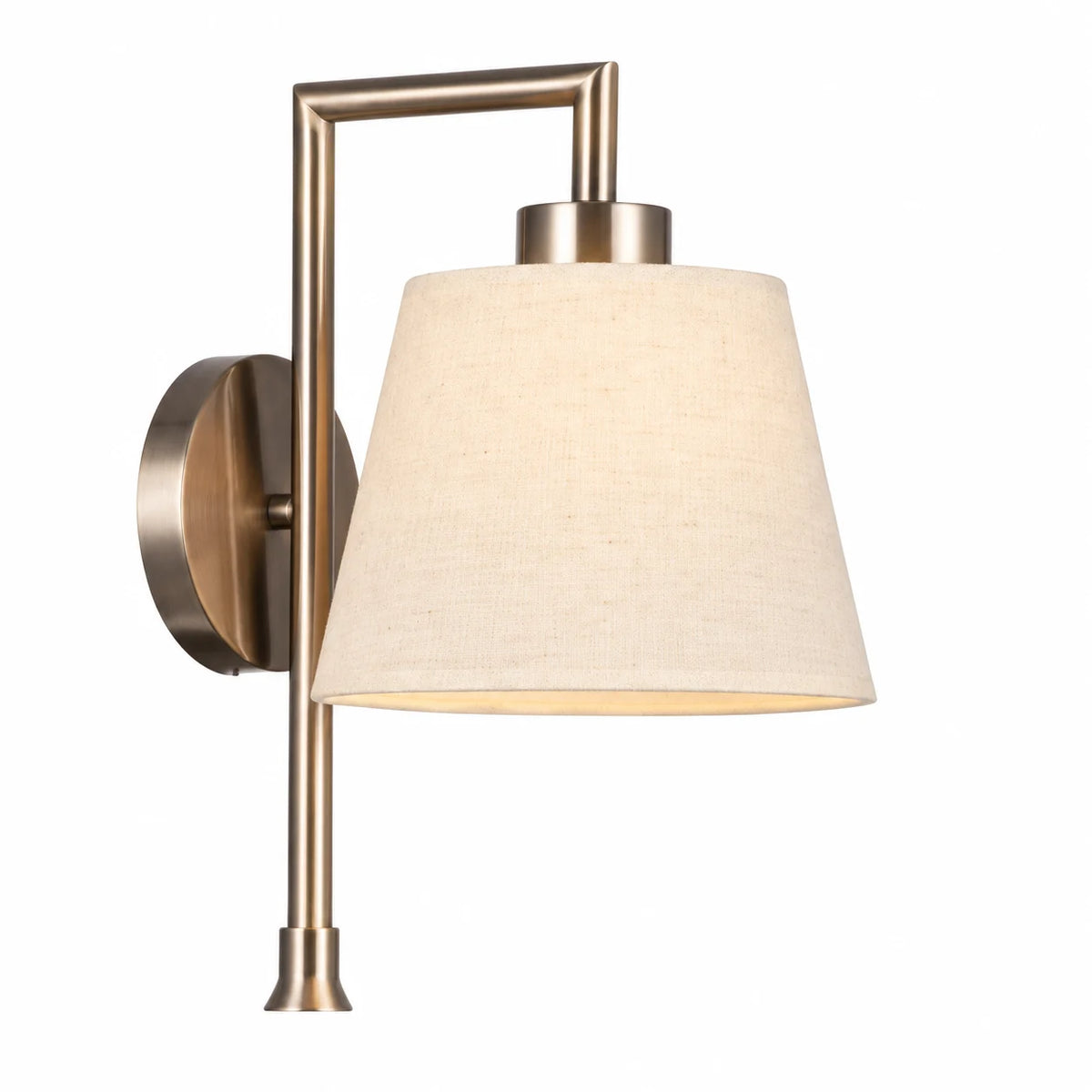 Antique Brass-Tone Single-Light Wall Sconce with Beige Tapered Shade and Geometric Arm