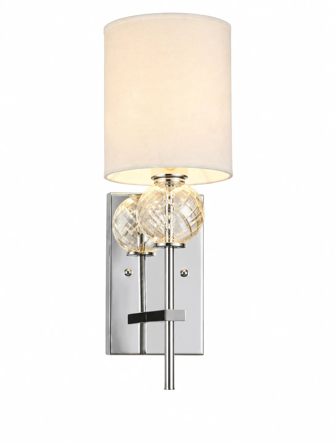 Chrome Single-Light Wall Sconce with White Drum Shade and Crystal Accent