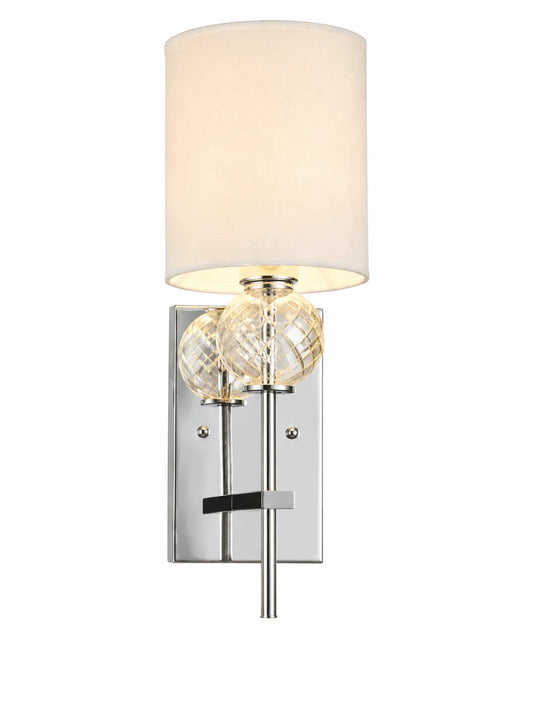 Chrome Single-Light Wall Sconce with White Drum Shade and Crystal Accent