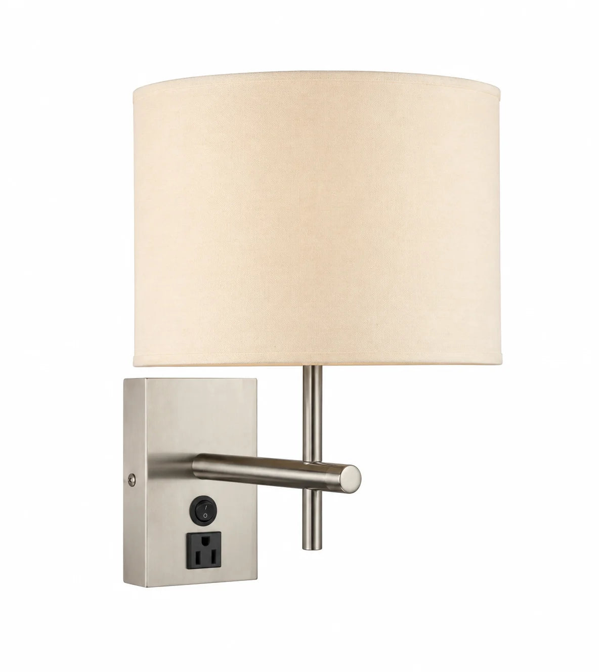 Brushed Nickel Single-Light Wall Sconce with White Drum Shade and Built-In Control Panel