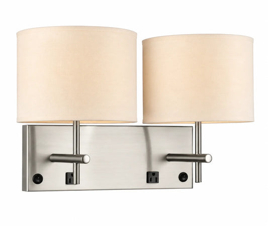 Brushed Nickel Double-Light Wall Sconce with White Drum Shades and Integrated Controls