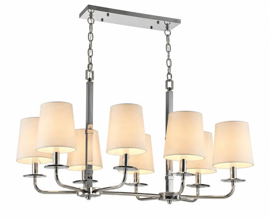 Eight-Light Linear Chandelier with Cream Tapered Shades and Chrome-Tone Frame