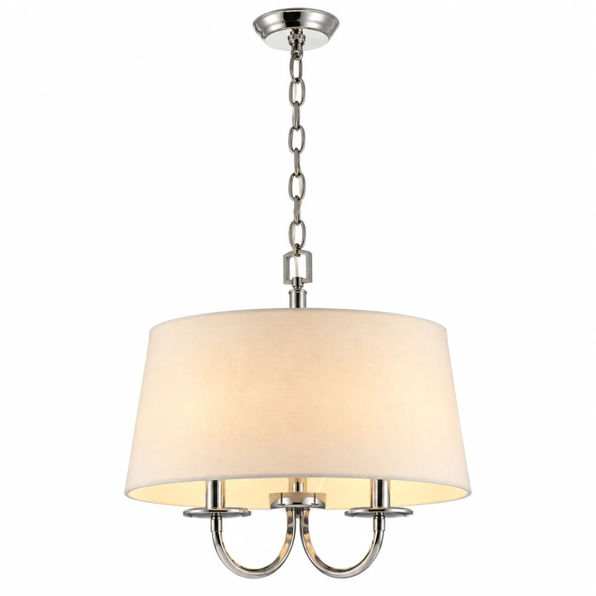 Chrome Multi-Light Pendant Chandelier with Large Cream Drum Shade and Curved Arms