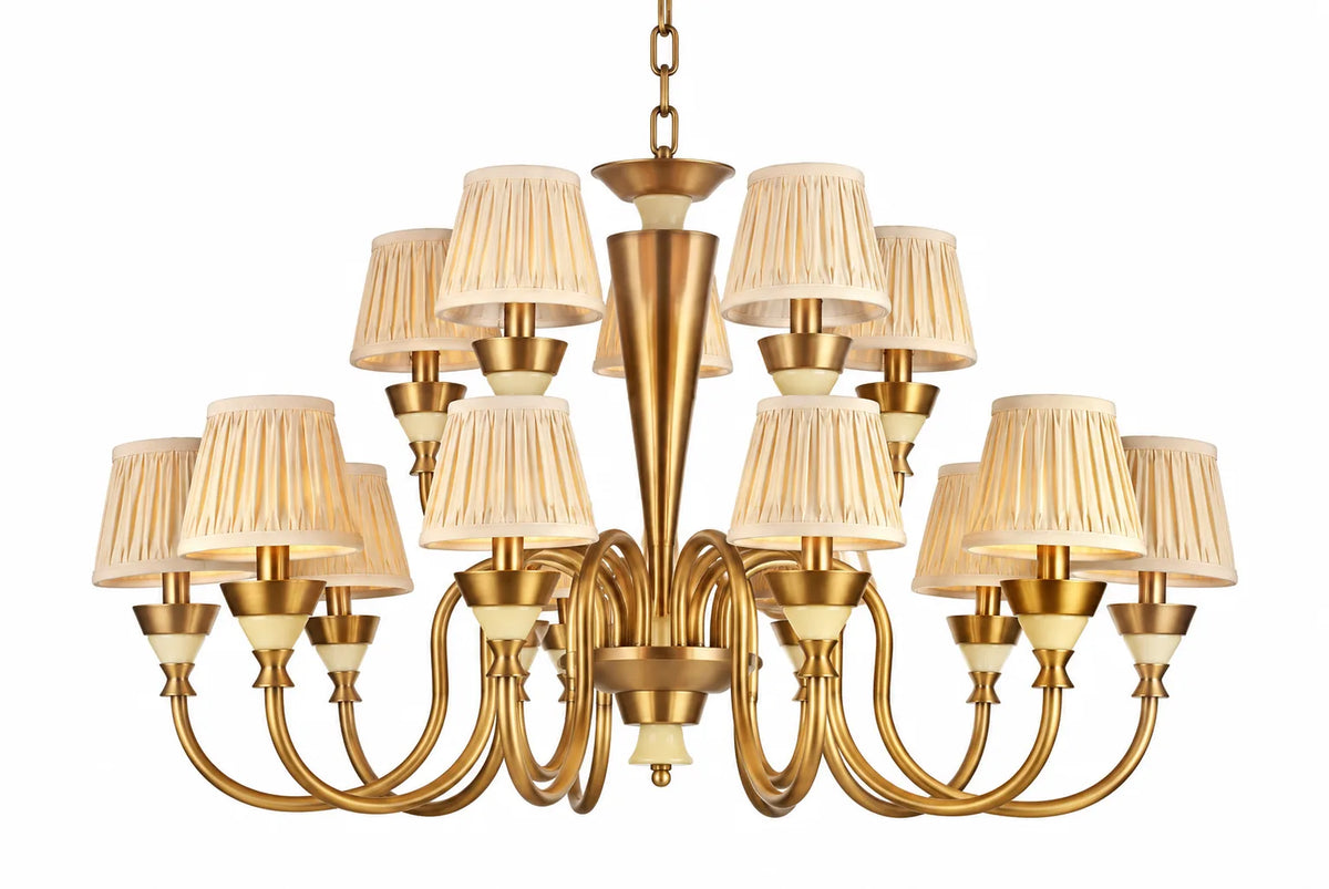 Traditional Antique Brass Pendant Lamp with Pleated Cream Shades and Multi-Light Curved Arms