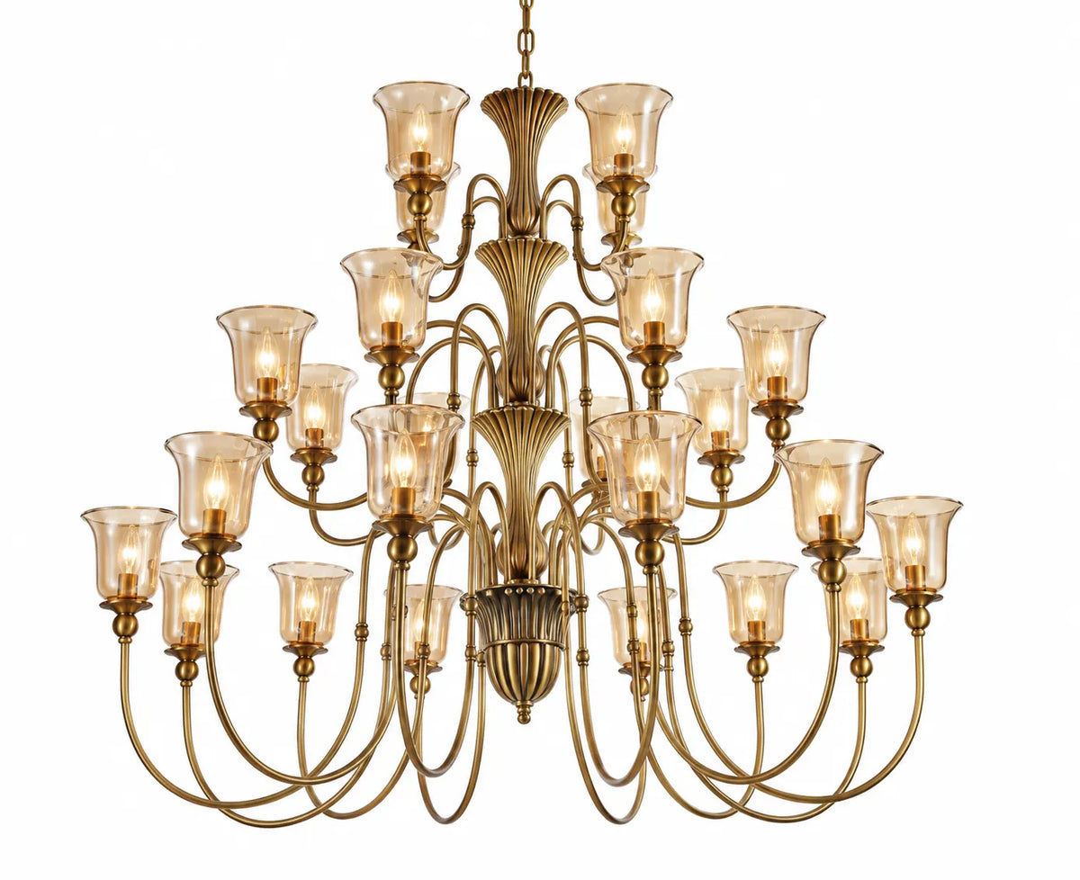 Antique Brass Multi-Light Pendant Lamp with Amber Glass Shades and Tiered Curved Arms