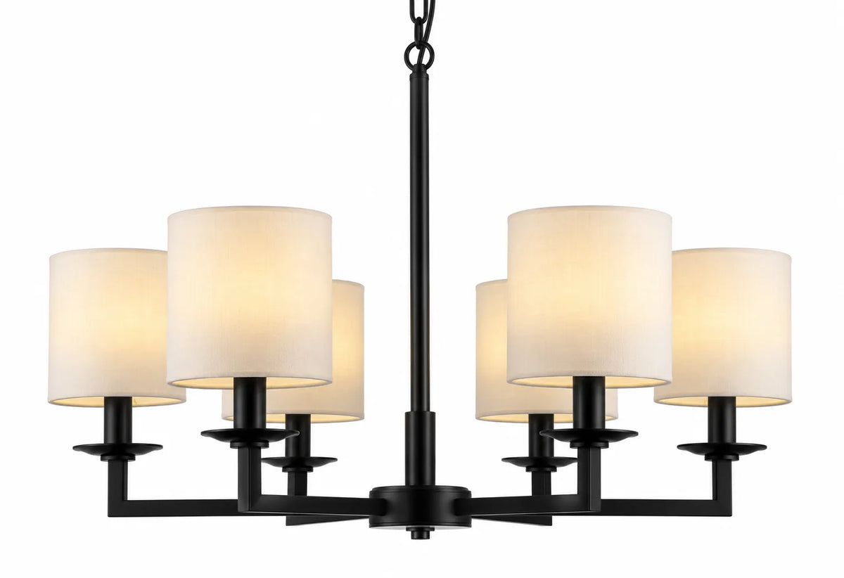 Modern Black Six-Light Linear Pendant Lamp with Cream Drum Shades and Geometric Arms