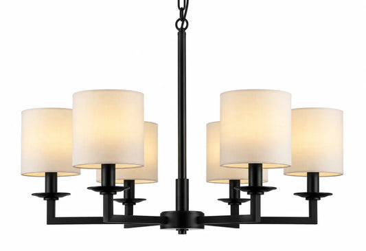 Modern Black Six-Light Linear Pendant Lamp with Cream Drum Shades and Geometric Arms