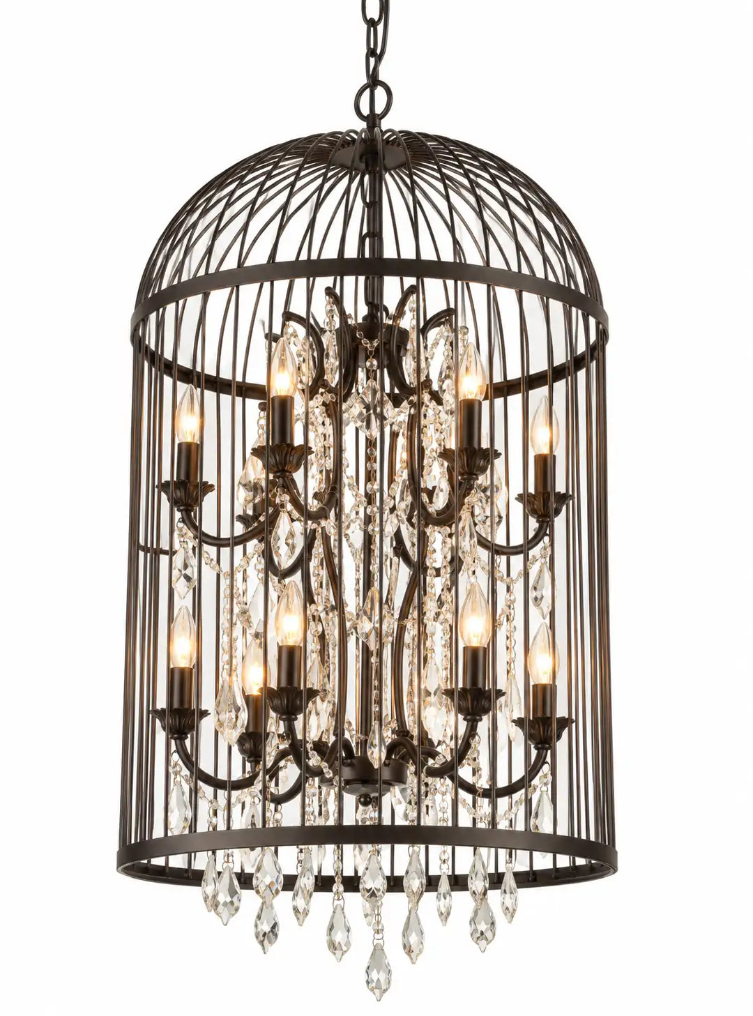 Vintage Birdcage Multi-Light Pendant Lamp with Crystal Drops and Dark Metal Frame
