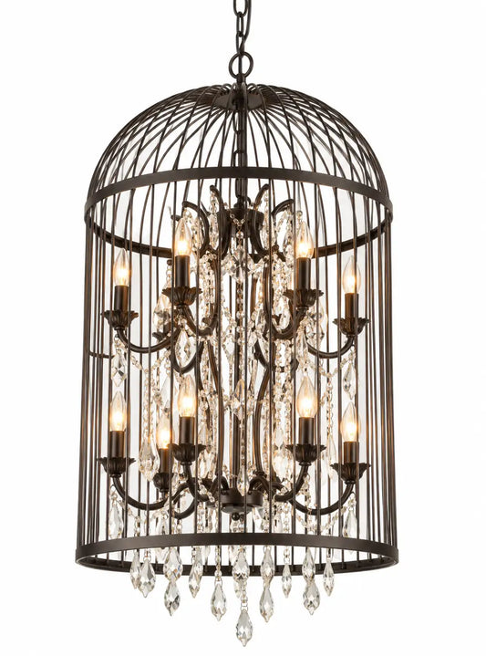 Vintage Birdcage Multi-Light Pendant Lamp with Crystal Drops and Dark Metal Frame