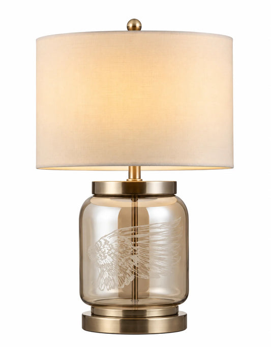 Modern Table Lamp with White Drum Shade and Decorative Glass-Style Base