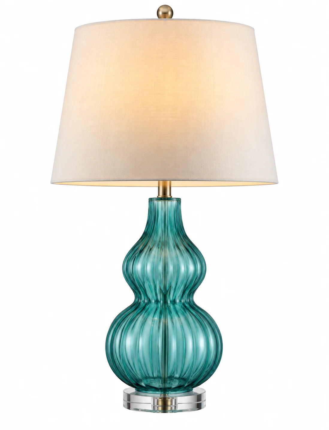 Turquoise Glass-Style Table Lamp with White Tapered Drum Shade and Sculpted Double-Gourd Base