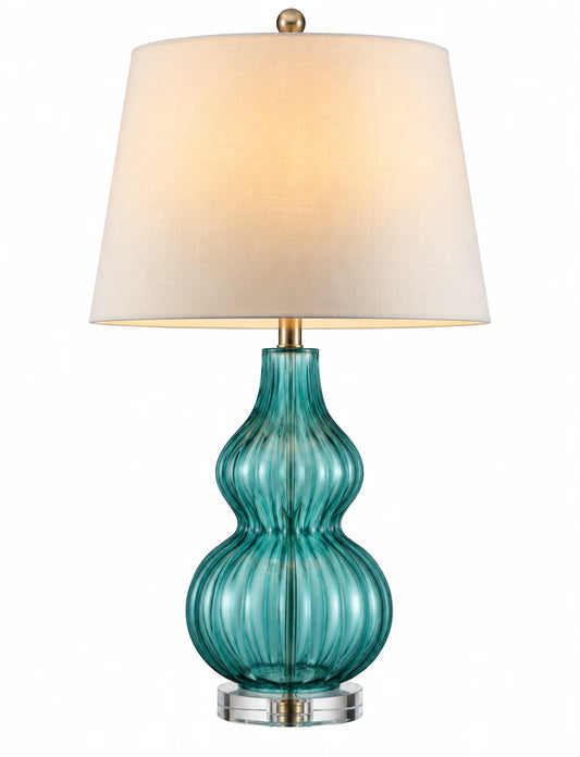 Turquoise Glass-Style Table Lamp with White Tapered Drum Shade and Sculpted Double-Gourd Base
