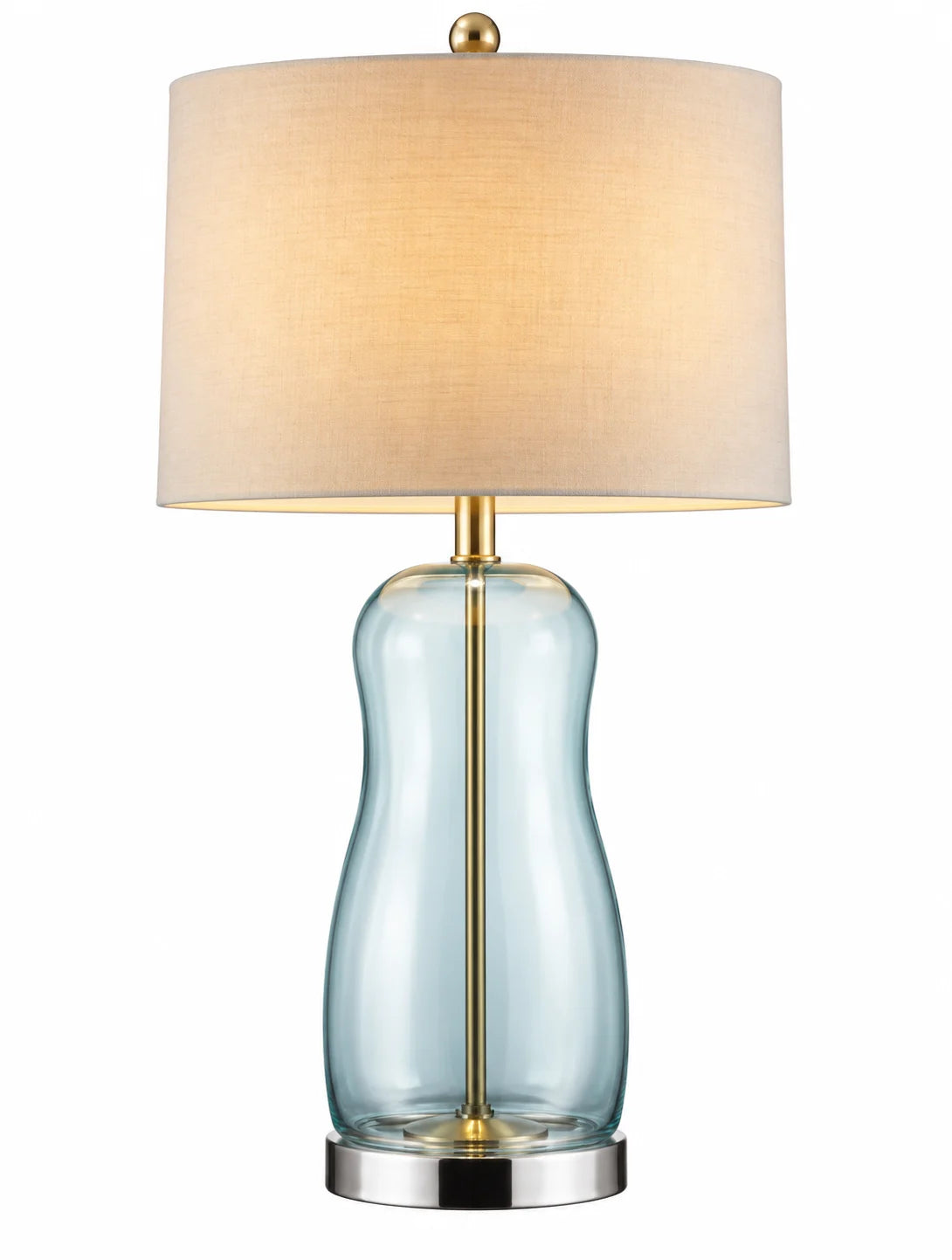 Modern Table Lamp with White Drum Shade and Light Blue Glass-Style Curved Base