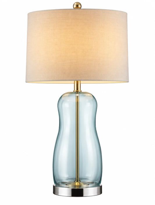 Modern Table Lamp with White Drum Shade and Light Blue Glass-Style Curved Base