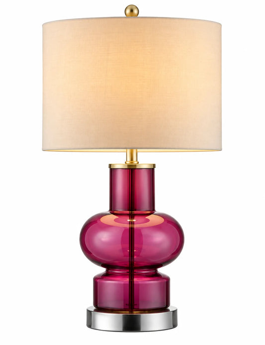 Pink Glass-Style Table Lamp with White Drum Shade and Sculpted Rounded Base