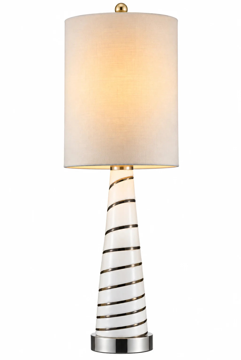 Modern White Table Lamp with Black Spiral Stripe Base and Tall Drum Shade